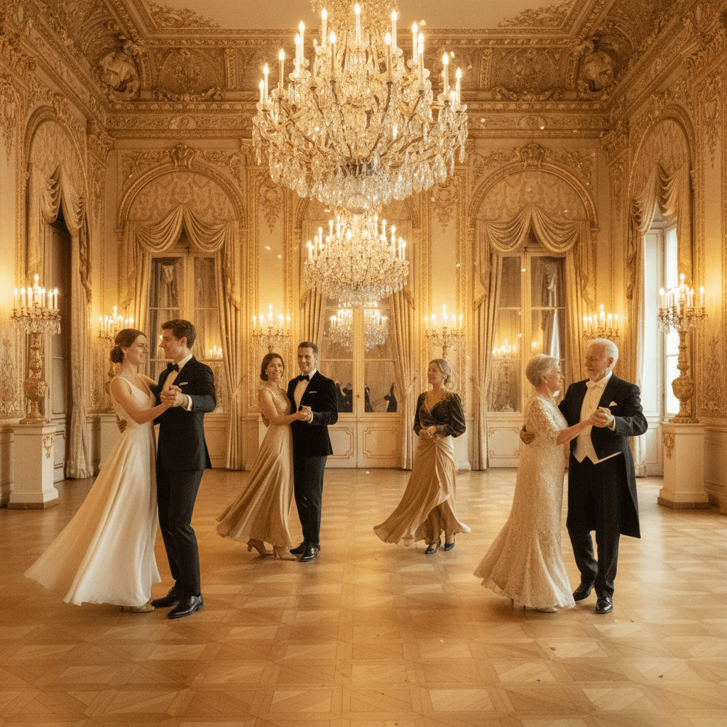 Couples de tous âges dansant dans une salle de bal viennoise